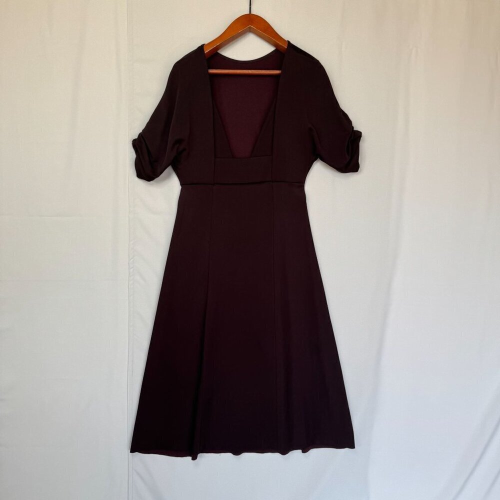 COS Chocolate Brown Ponte Knit Gathered Sleeve Open Back Midi Dress Size Large - Picture 5 of 14